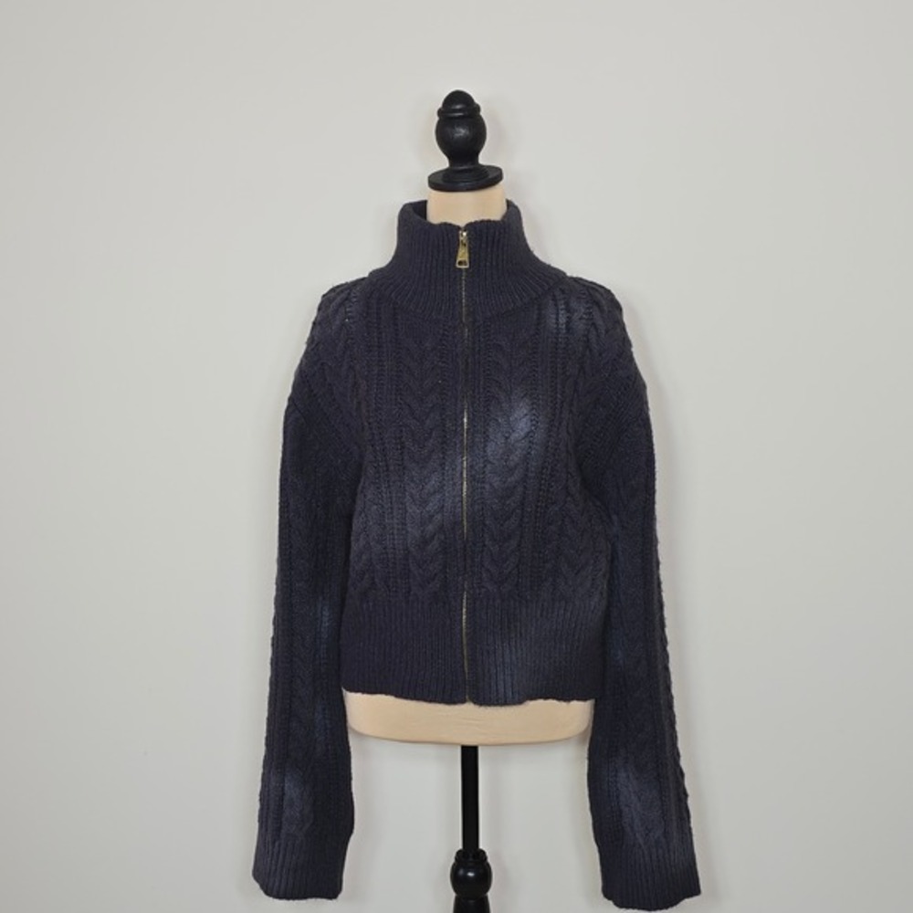 POL Size L Cable Knit Mock Neck Zip Up‎ Cropped Sweater Charcoal Gray